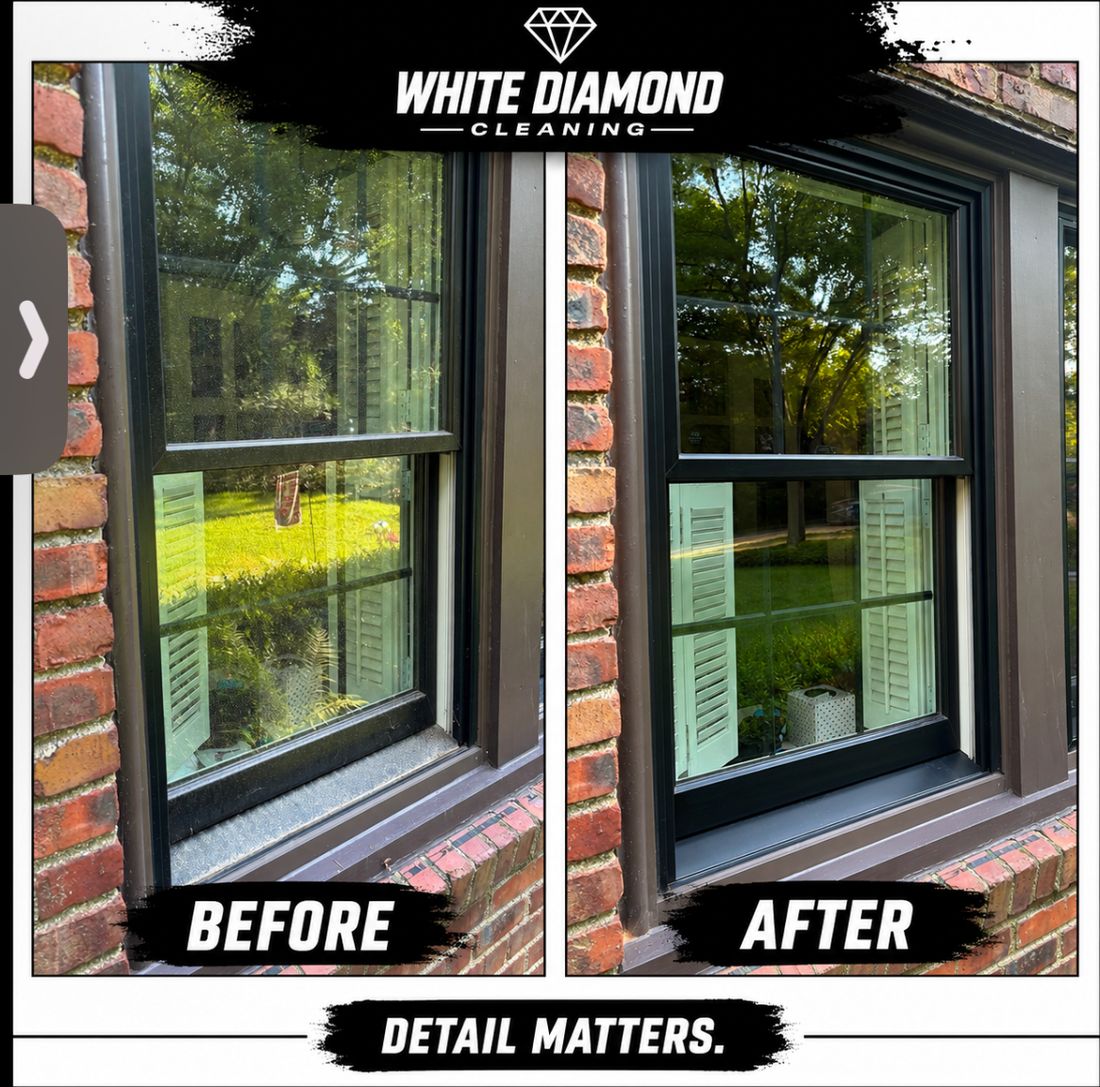Before and after window cleaning on a brick home. Hazy glass to crystal clear