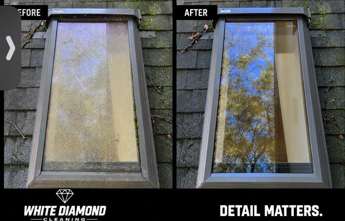 Before and after skylight cleaning. Heavy grime to fully transparent